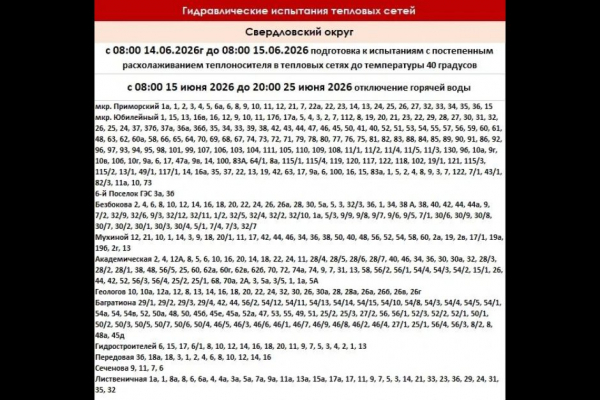 Горячую воду отключат в части двух округов Иркутска с 15 до 25 июня
Горячую воду отключат в части двух округов Иркутска с 15 до 25 июня